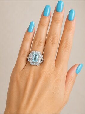 Aquamarine Emerald Cut 925 Silver .50 CTW Lab Diamond Halo Ring Size 7
